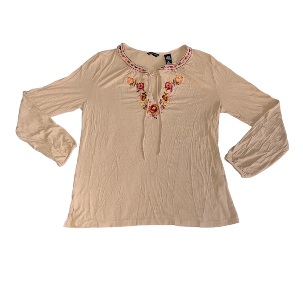 NY&Co. Tan Long Sleeve Floral Embroidered Keyhole Neckline with Tie Accent Top L